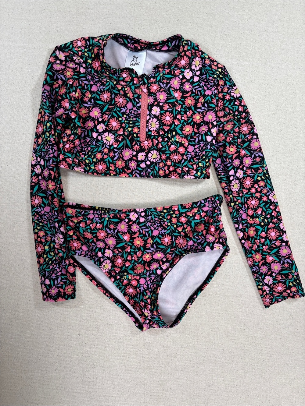 art class Pink Floral Long-Sleeve Two-Piece Swim Set